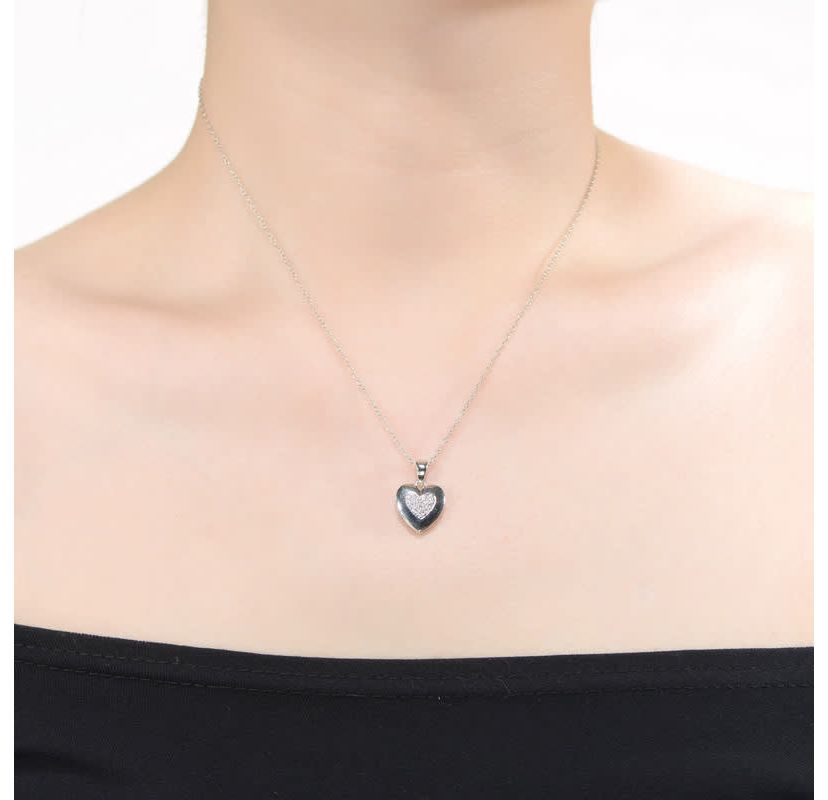 Lab Created White Gold Plated with Clear Cubic Zirconia French Pave Heart Pendant Necklace