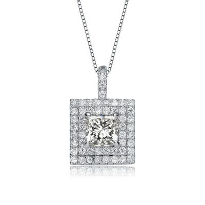 Rozzato Lab Created White Gold Plated with Clear Cubic Zirconia Solitaire Halo Pendant Necklace