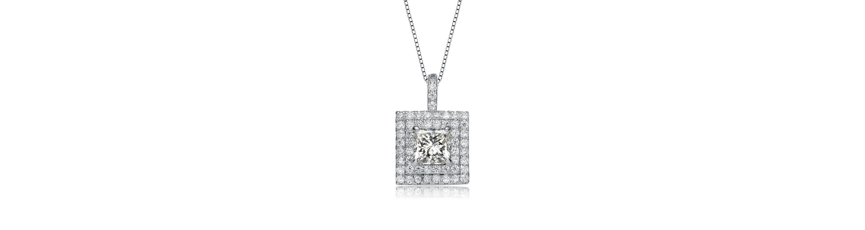 Lab Created White Gold Plated with Clear Cubic Zirconia Solitaire Halo Pendant Necklace