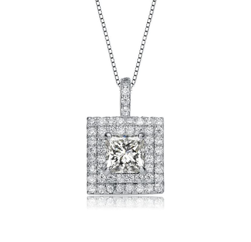 Lab Created White Gold Plated with Clear Cubic Zirconia Solitaire Halo Pendant Necklace