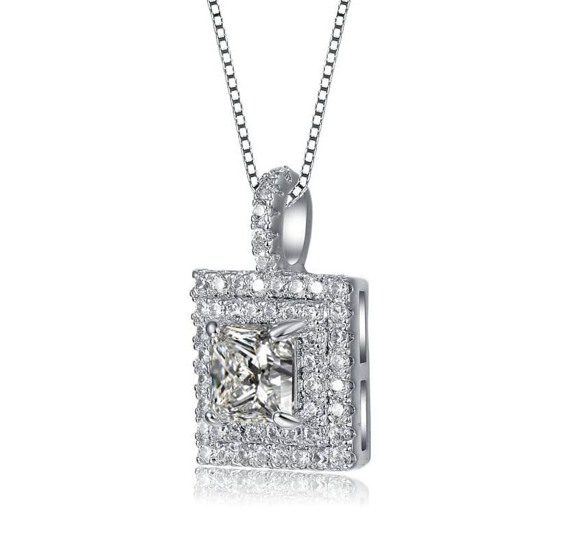 Lab Created White Gold Plated with Clear Cubic Zirconia Solitaire Halo Pendant Necklace