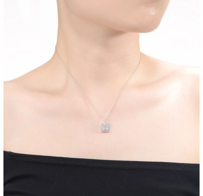 Lab Created White Gold Plated with Clear Cubic Zirconia Solitaire Halo Pendant Necklace