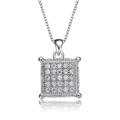 Rozzato Lab Created White Gold Plated with Clear Cubic Zirconia Square Pave Pendant Necklace