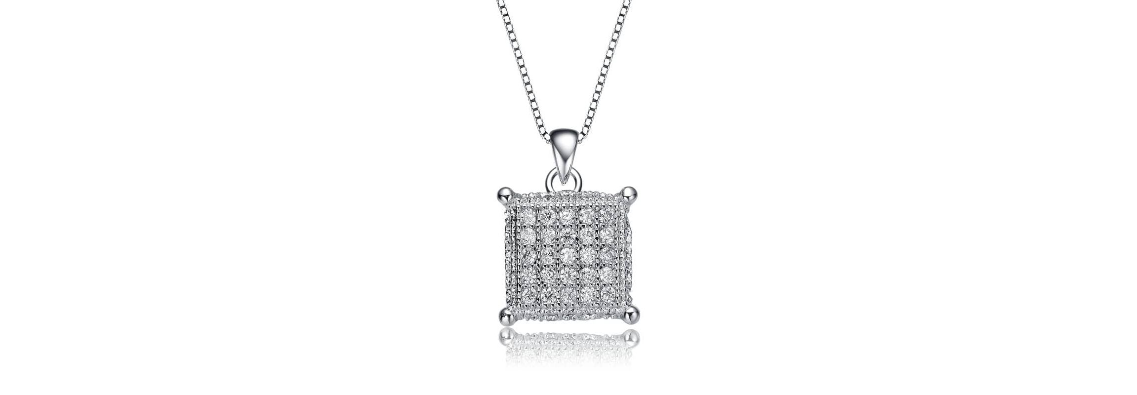 Lab Created White Gold Plated with Clear Cubic Zirconia Square Pave Pendant Necklace