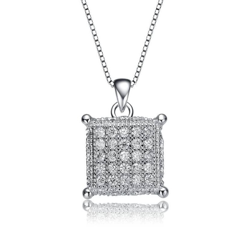 Lab Created White Gold Plated with Clear Cubic Zirconia Square Pave Pendant Necklace