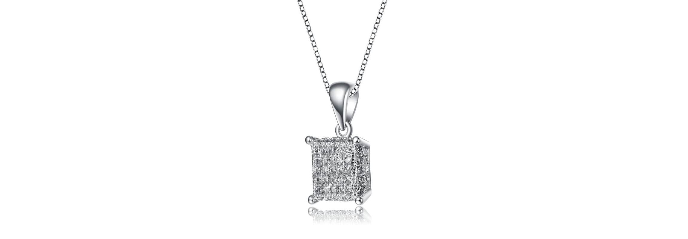 Lab Created White Gold Plated with Clear Cubic Zirconia Square Pave Pendant Necklace