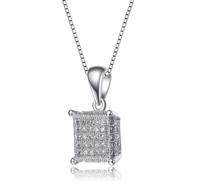 Lab Created White Gold Plated with Clear Cubic Zirconia Square Pave Pendant Necklace