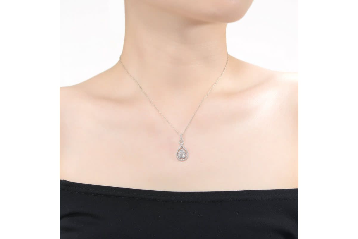 Lab Created White Gold Plated with Clear Cubic Zirconia Door Knocker Love Knot Pendant Necklace