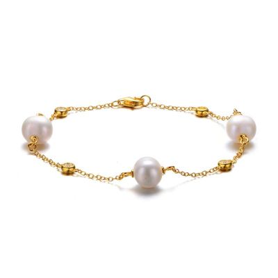 Lab Created Rozzato 14K Gold Plated with Freshwater Pearl & Cubic Zirconia Bezel Station Bracelet