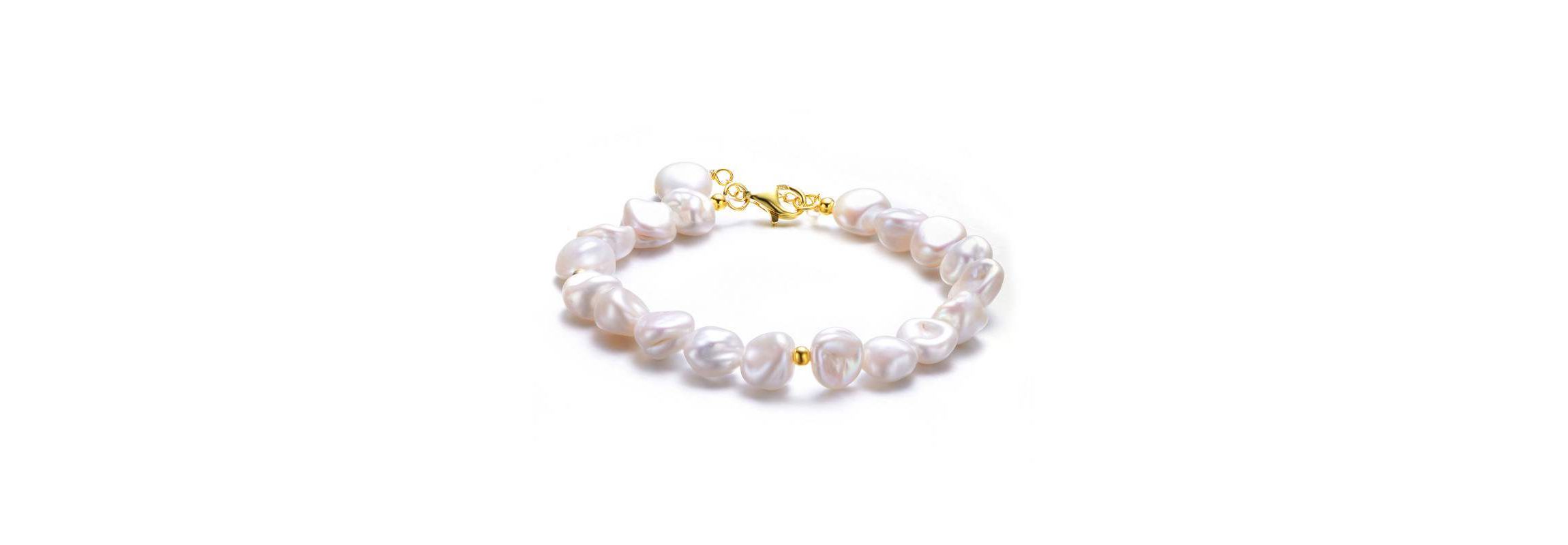 Lab Created Sterling Silver 14K Gold Plating with White Freshwater Round Pearl Bracelet