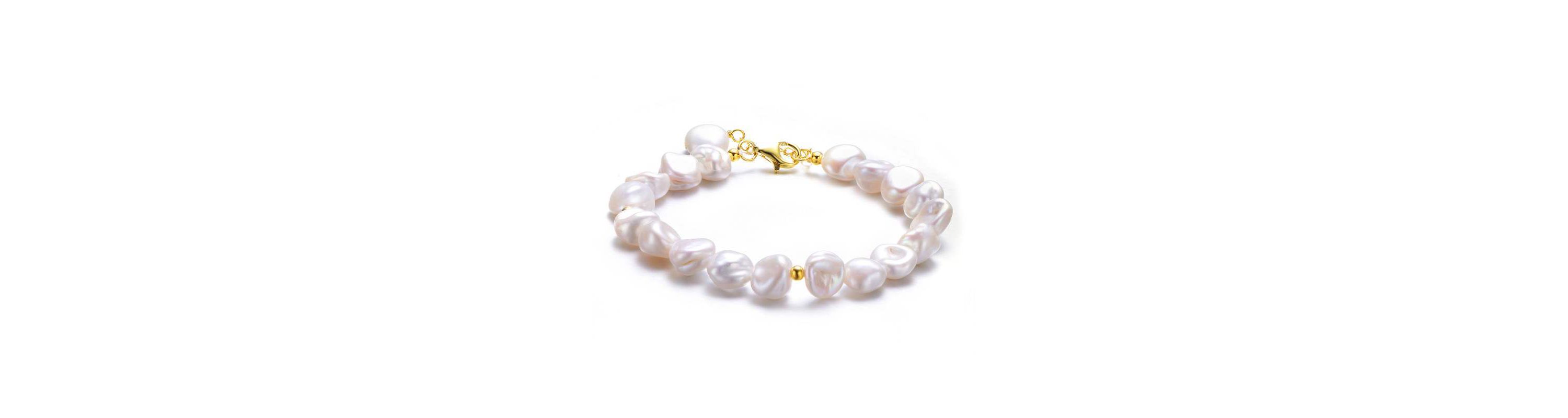 Lab Created Sterling Silver 14K Gold Plating with White Freshwater Round Pearl Bracelet