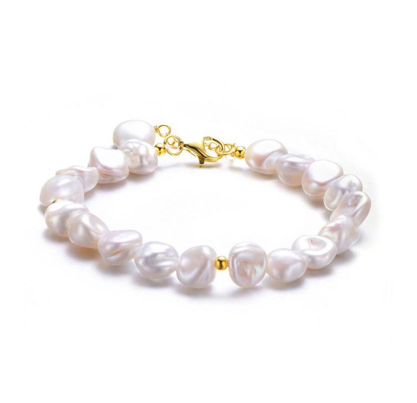 Lab Created Sterling Silver 14K Gold Plating with White Freshwater Round Pearl Bracelet