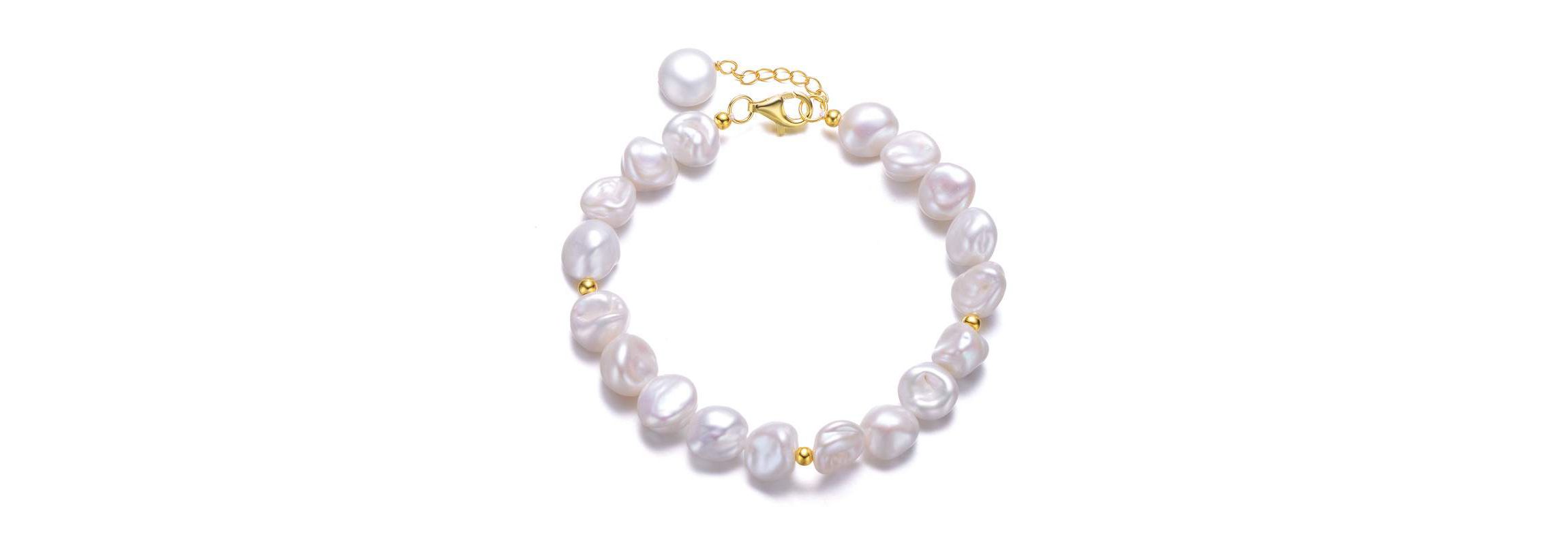 Lab Created Sterling Silver 14K Gold Plating with White Freshwater Round Pearl Bracelet