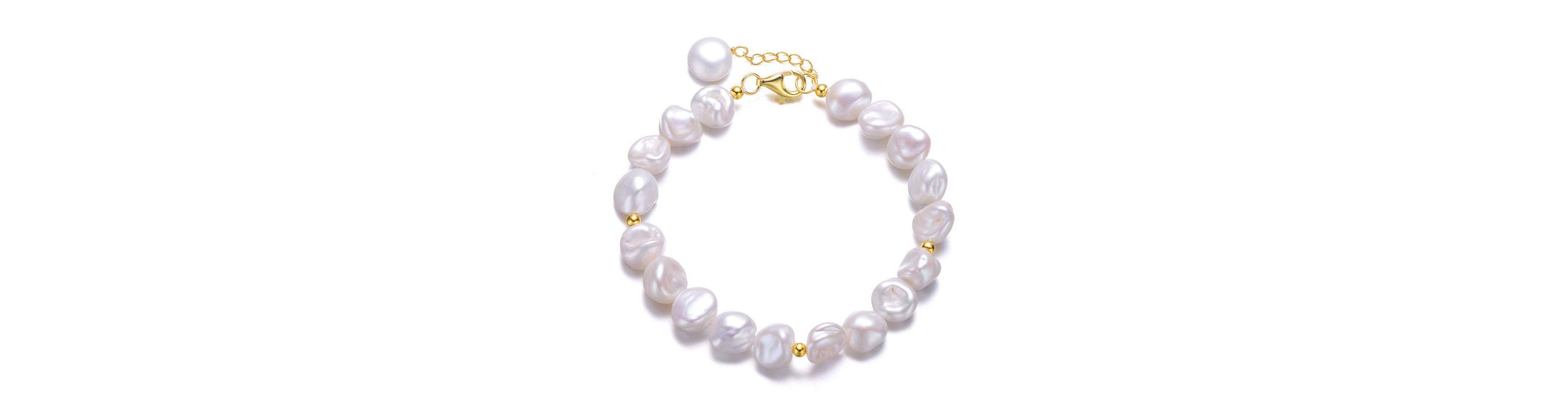Lab Created Sterling Silver 14K Gold Plating with White Freshwater Round Pearl Bracelet