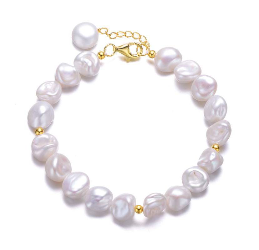 Lab Created Sterling Silver 14K Gold Plating with White Freshwater Round Pearl Bracelet