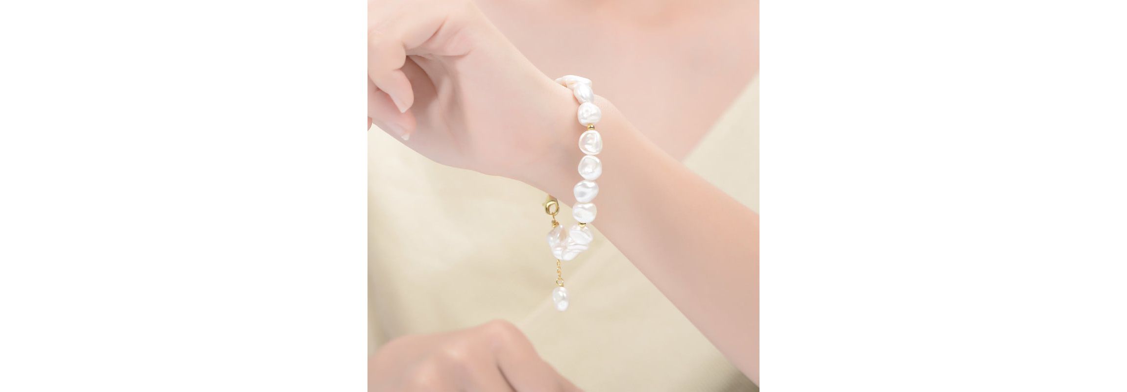 Lab Created Sterling Silver 14K Gold Plating with White Freshwater Round Pearl Bracelet