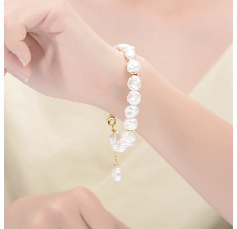Lab Created Sterling Silver 14K Gold Plating with White Freshwater Round Pearl Bracelet