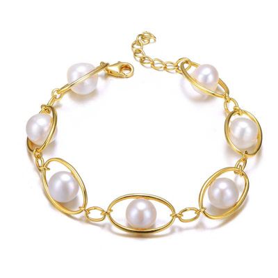 Rozzato Lab Created Sterling Silver 14K Gold Plated with White Genuine Freshwater Pearl Link Oval Spring Adjustable Bracelet