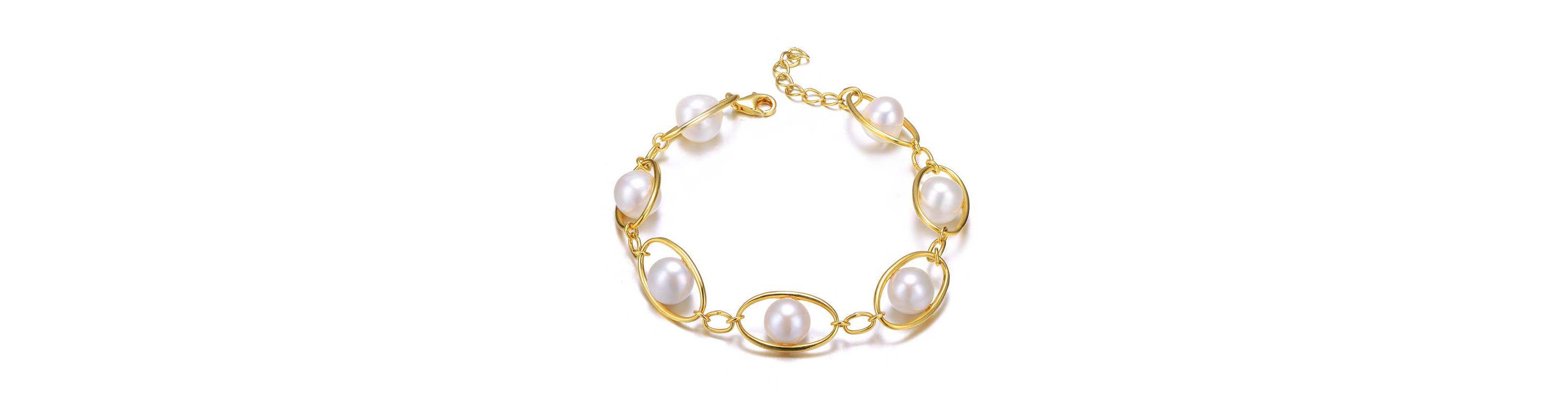 Lab Created Sterling Silver 14K Gold Plated with White Genuine Freshwater Pearl Link Oval Spring Adjustable Bracelet