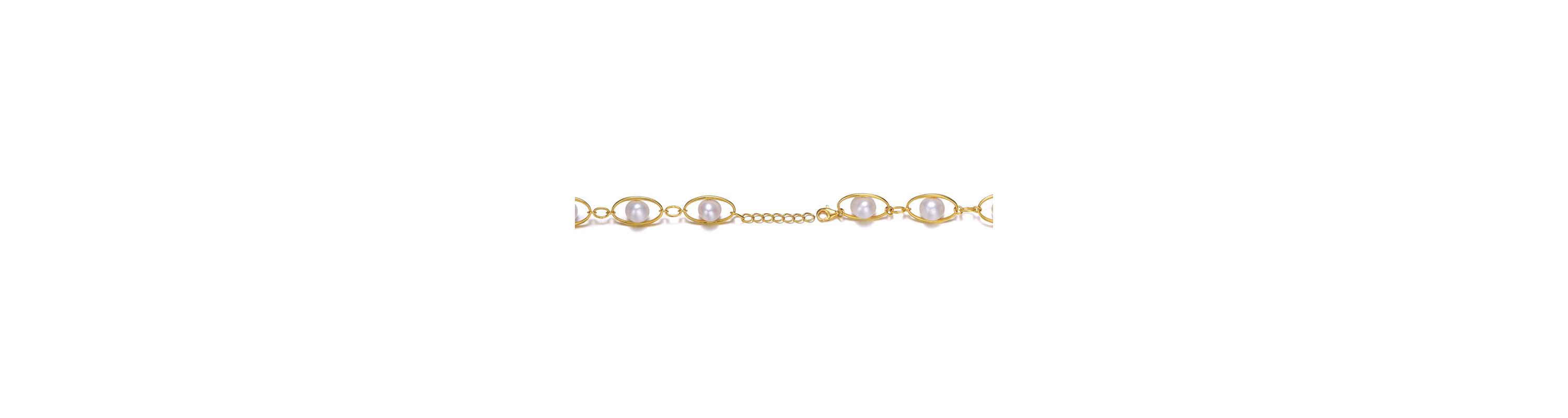 Lab Created Sterling Silver 14K Gold Plated with White Genuine Freshwater Pearl Link Oval Spring Adjustable Bracelet