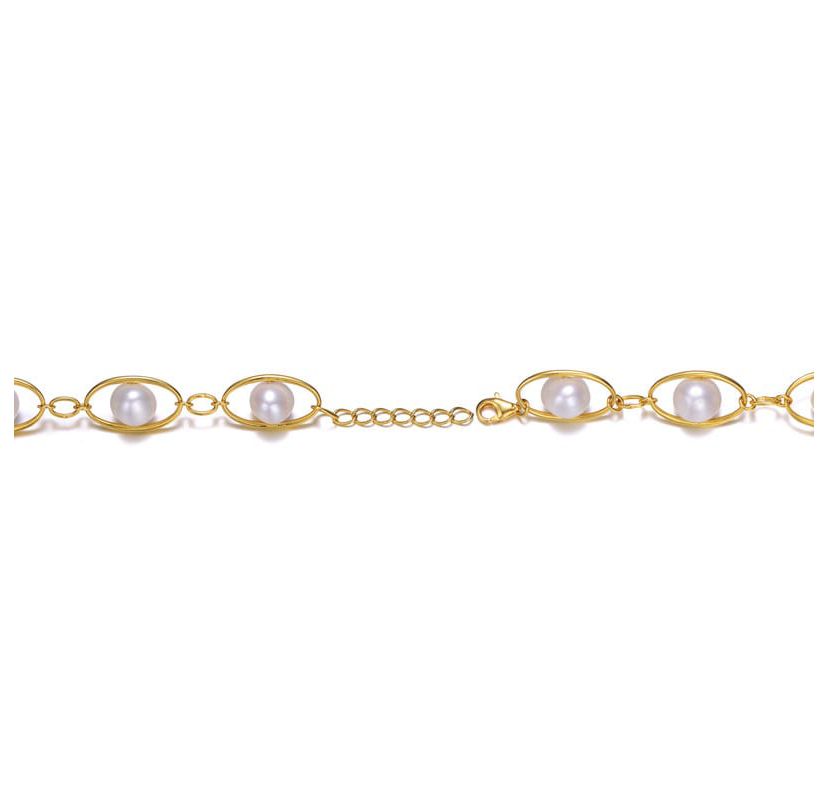 Lab Created Sterling Silver 14K Gold Plated with White Genuine Freshwater Pearl Link Oval Spring Adjustable Bracelet
