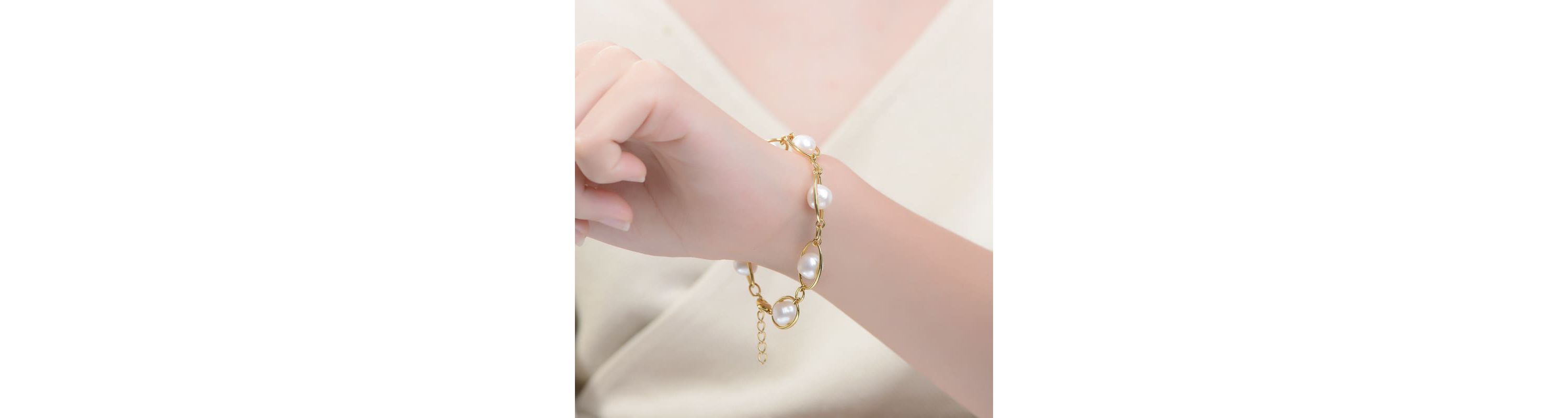 Lab Created Sterling Silver 14K Gold Plated with White Genuine Freshwater Pearl Link Oval Spring Adjustable Bracelet