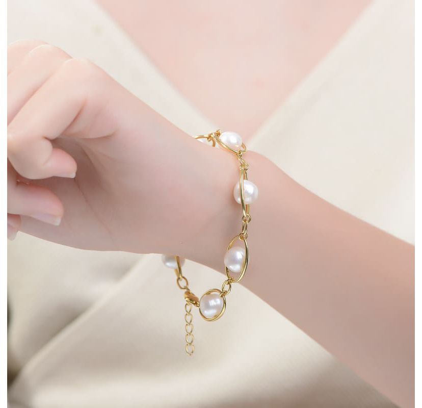 Lab Created Sterling Silver 14K Gold Plated with White Genuine Freshwater Pearl Link Oval Spring Adjustable Bracelet