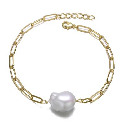 Rozzato Lab Created Sterling Silver 14K Gold Plated with White Freshwater Pearl Paperclip Link Bracelet