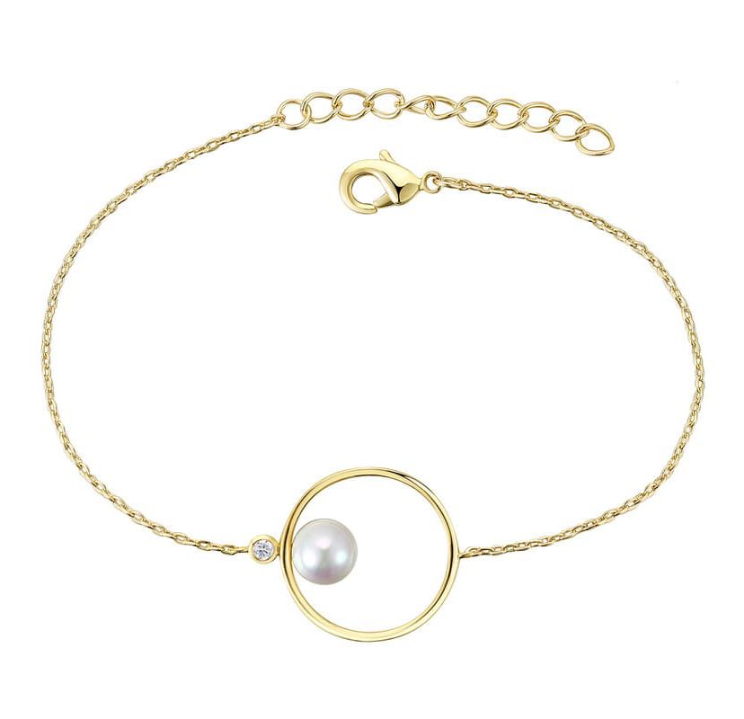 Lab Created 14K Gold Plated with White Genuine Freshwater Pearl Asymmetrical Wire Halo Delicate Bracelet