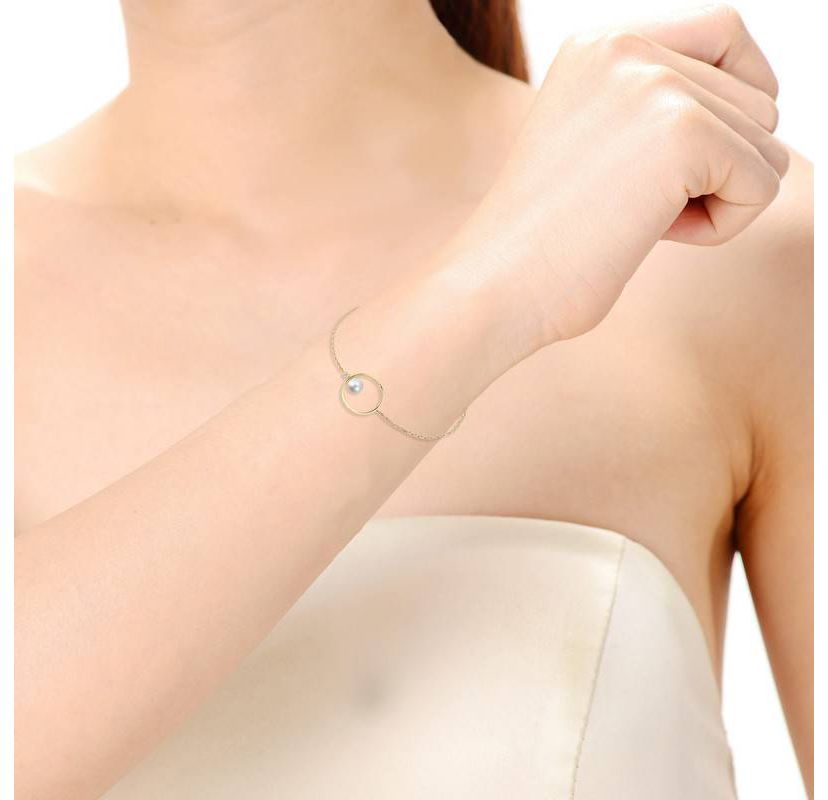 Lab Created 14K Gold Plated with White Genuine Freshwater Pearl Asymmetrical Wire Halo Delicate Bracelet