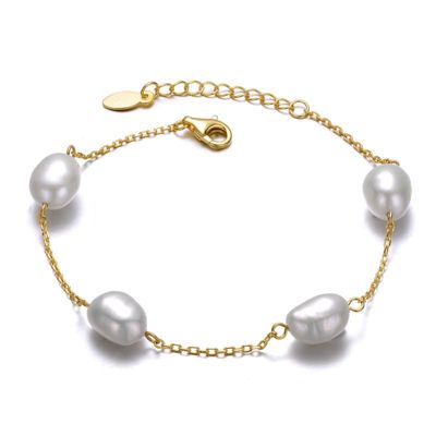 Rozzato Lab Created Sterling Silver 14K Gold Plated with Gray Freshwater Pearl Station Bracelet