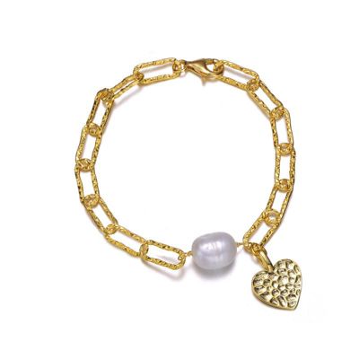 Rozzato Lab Created Sterling Silver 14K Gold Plated with White Genuine Freshwater Pearl & Clear Cubic Zirconia Lobster Claw Link Bracelet