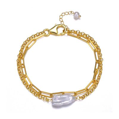 Rozzato Lab Created Sterling Silver 14K Gold Plated with Free-Form Genuine Freshwater Pearl Cable Rolo Chain Double Layer Bracelet