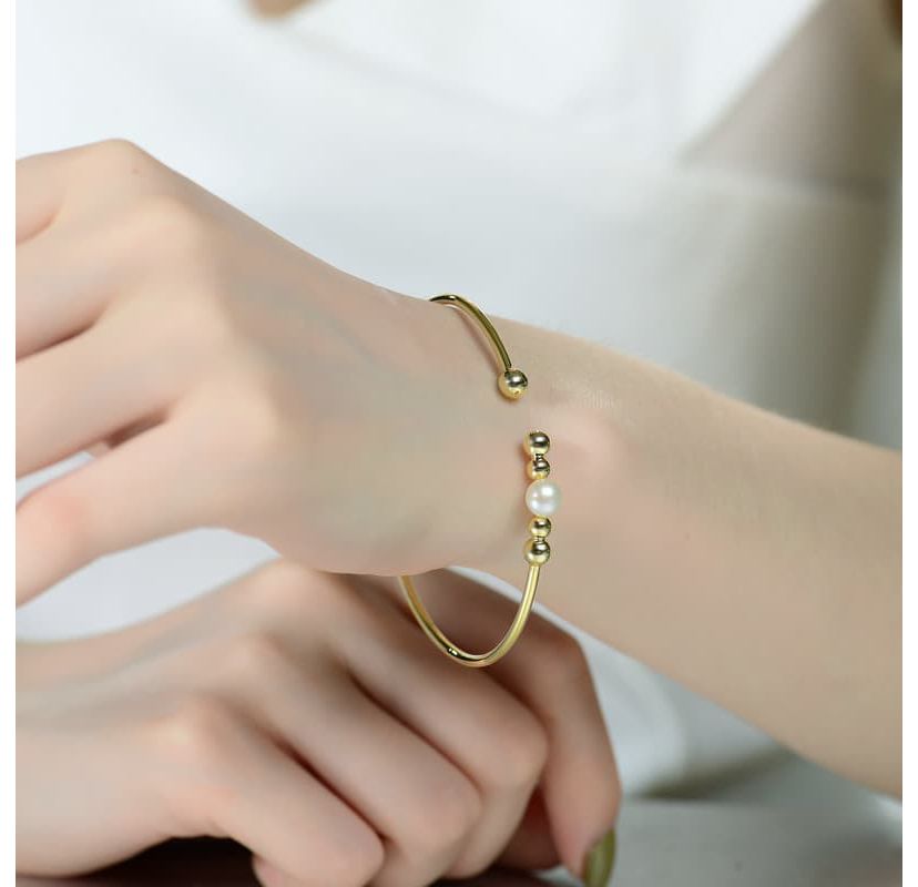 Lab Created Sterling Silver 14K Gold Plated with 6.5MM Freshwater Pearl Bangle Bracelet