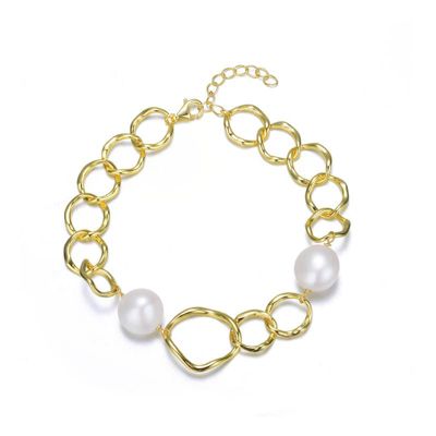 Rozzato Lab Created Sterling Silver 14K Gold Plating with White Genuine Freshwater Pearl Chain Bracelet