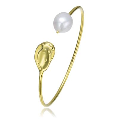 Rozzato Lab Created Sterling Silver 14K Gold Plating with White Genuine Freshwater Pearl Cuff Bracelet
