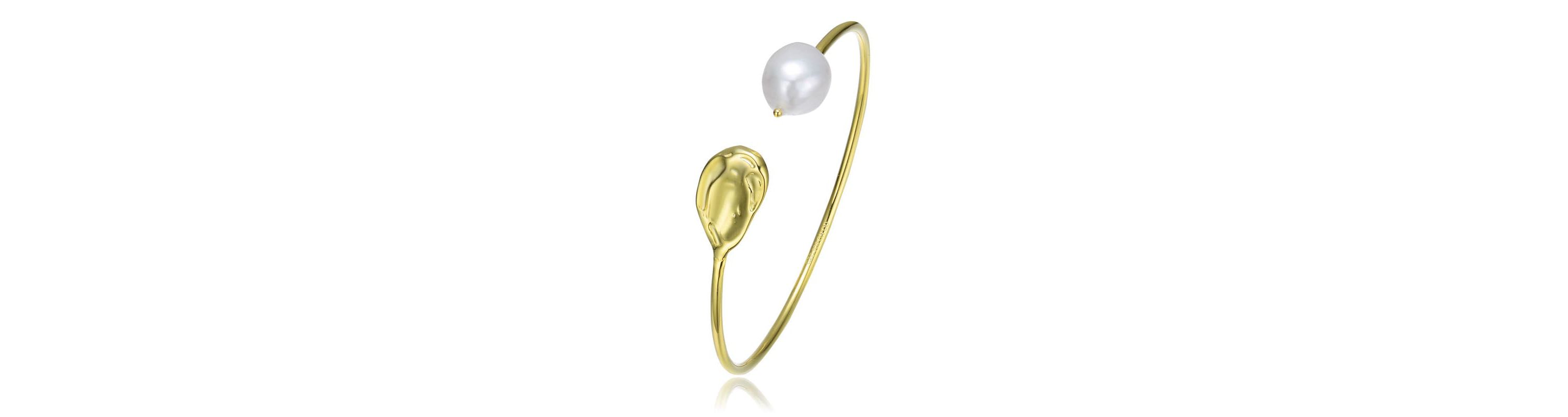 Lab Created Sterling Silver 14K Gold Plating with White Genuine Freshwater Pearl Cuff Bracelet