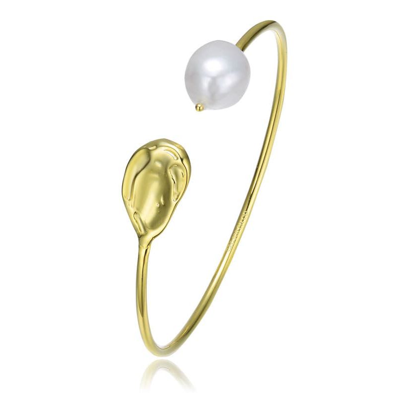 Lab Created Sterling Silver 14K Gold Plating with White Genuine Freshwater Pearl Cuff Bracelet