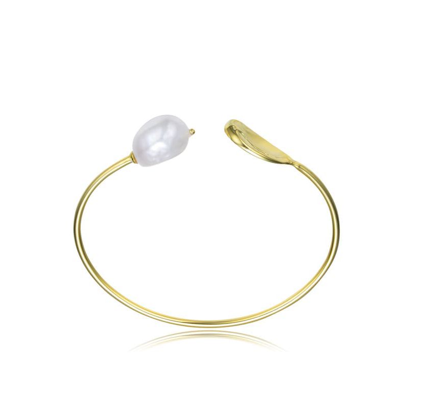 Lab Created Sterling Silver 14K Gold Plating with White Genuine Freshwater Pearl Cuff Bracelet