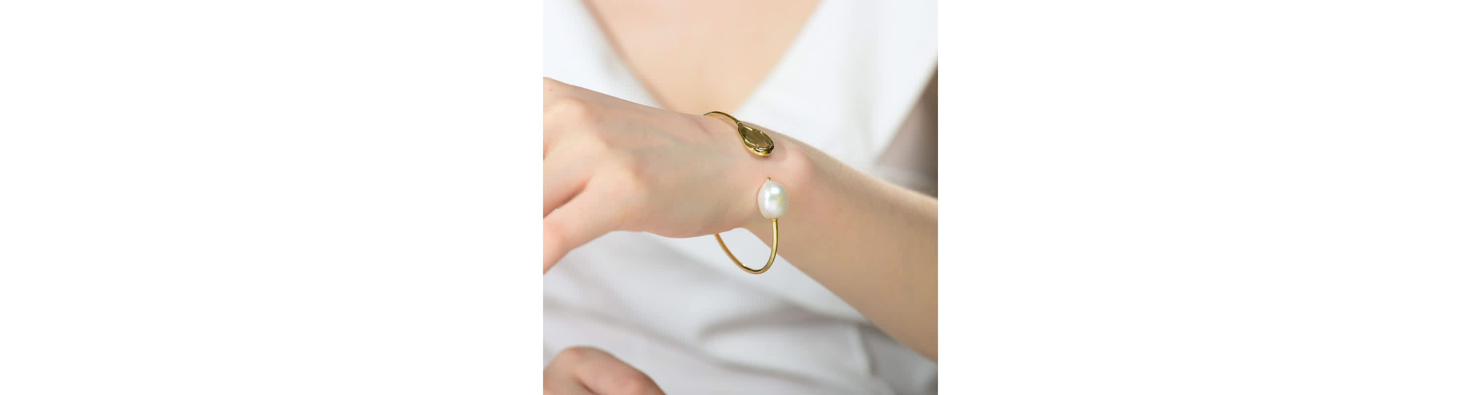 Lab Created Sterling Silver 14K Gold Plating with White Genuine Freshwater Pearl Cuff Bracelet