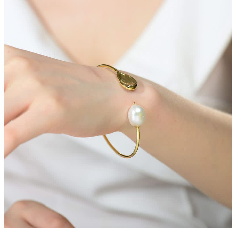 Lab Created Sterling Silver 14K Gold Plating with White Genuine Freshwater Pearl Cuff Bracelet
