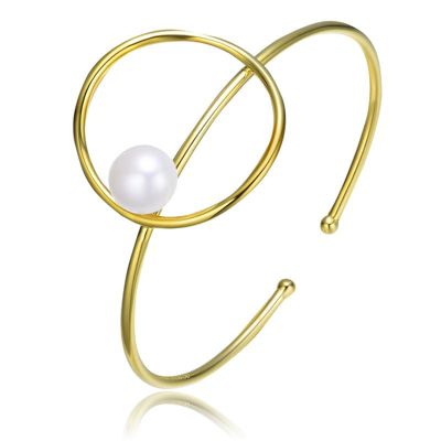 Rozzato Lab Created Sterling Silver 14K Gold Plating with White Genuine Freshwater Pearl Cuff Bracelet