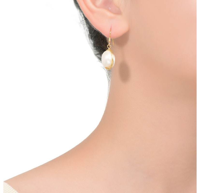 Lab Created Sterling Silver 14K Gold Plated with White Genuine Freshwater Pearl Dangle Earrings