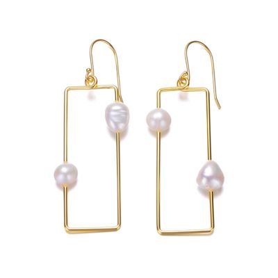 Lab Created Rozzato Sterling Silver 14K Gold Plated with Genuine Freshwater Pearl Geometrical Drop Earrings
