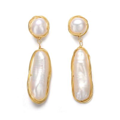 Rozzato Lab Created Sterling Silver with 14K Gold Plated and 2 Genuine Freshwater Pearl Dangling Earrings