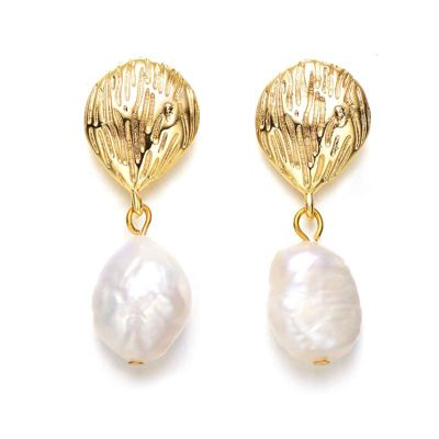 Rozzato Lab Created Sterling Silver 14K Gold Plated with White Freshwater White Pearl Coral Reef Dangle Earrings