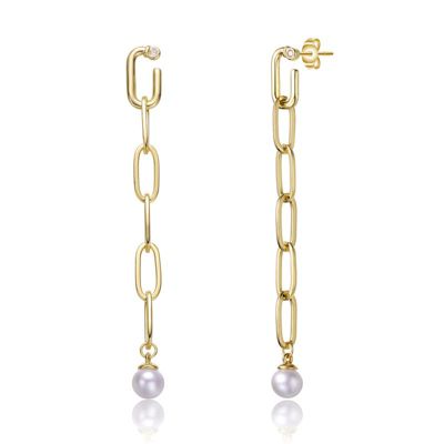 Rozzato Lab Created Sterling Silver 14K Gold Plated with White Genuine Freshwater Pearl & Cubic Zirconia Drop Butterfly Earrings