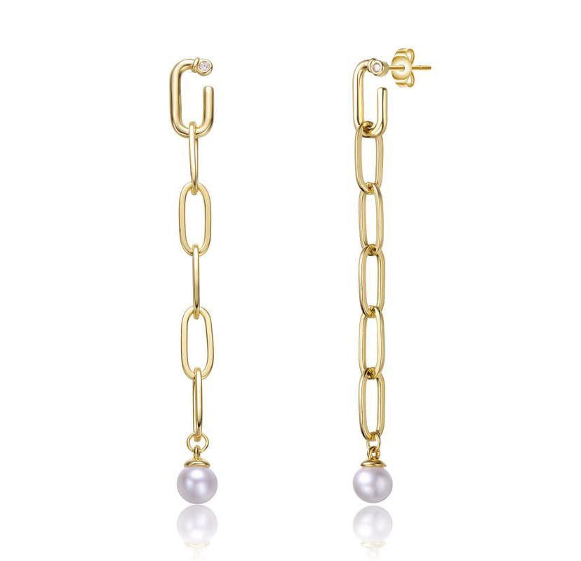 Lab Created Sterling Silver 14K Gold Plated with White Genuine Freshwater Pearl & Cubic Zirconia Drop Butterfly Earrings