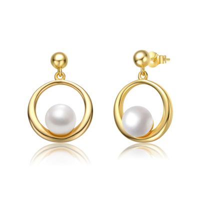 Rozzato Lab Created Sterling Silver 14K Gold Plated with White Freshwater Pearl Eternity Circle Halo Dangle Earrings
