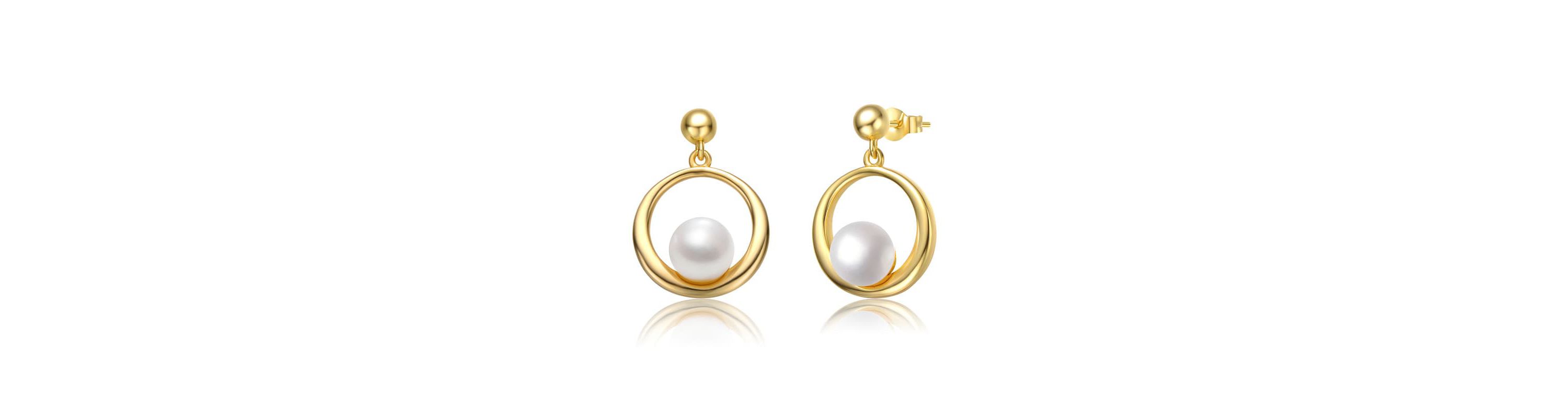 Lab Created Sterling Silver 14K Gold Plated with White Freshwater Pearl Eternity Circle Halo Dangle Earrings
